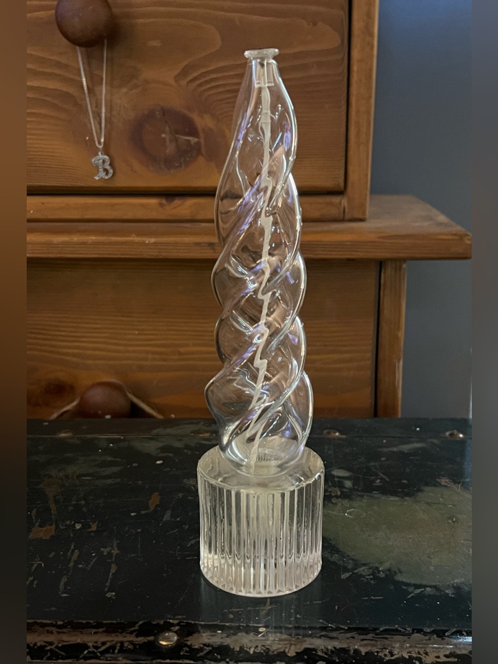 Vintage MCM Hand Blown Glass Oil Lamp Set - Ribbed Base & Spiral Insert